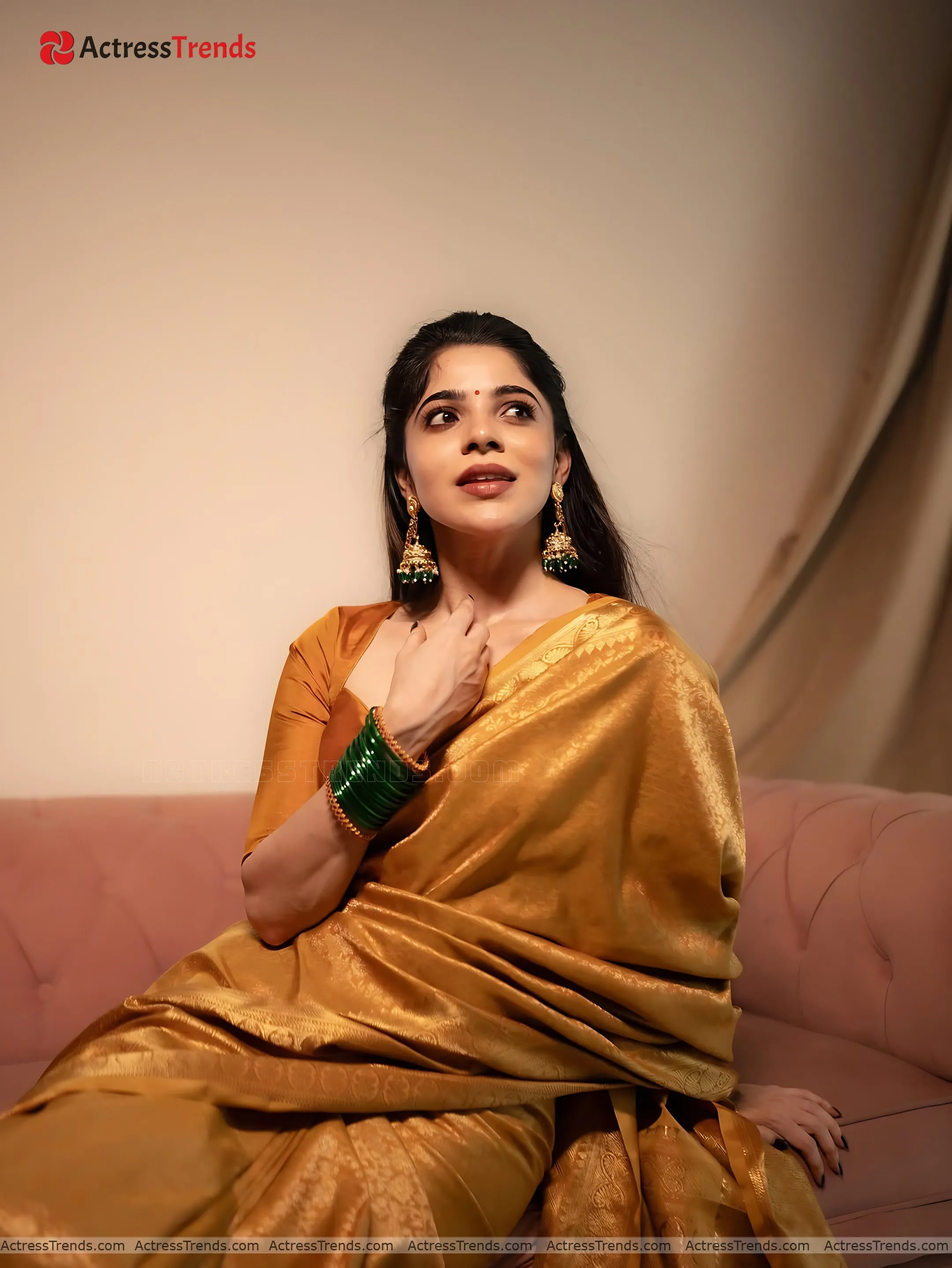 Divya Bharathi Gold Saree Glamorous Actress Orange Dress Beautiful Face