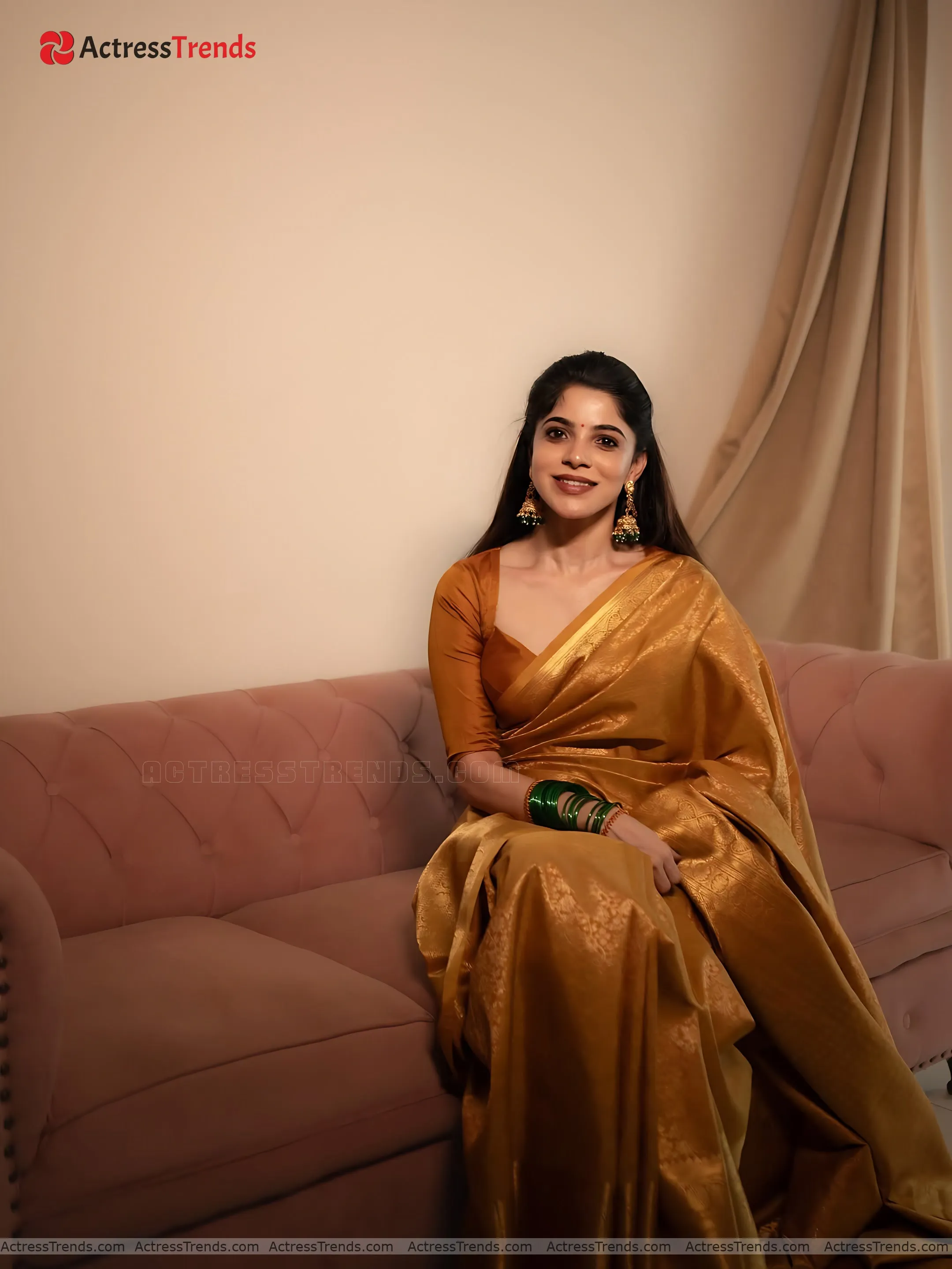 Divya Bharathi Gold Saree Glamorous Actress Beautiful Face Orange Dress