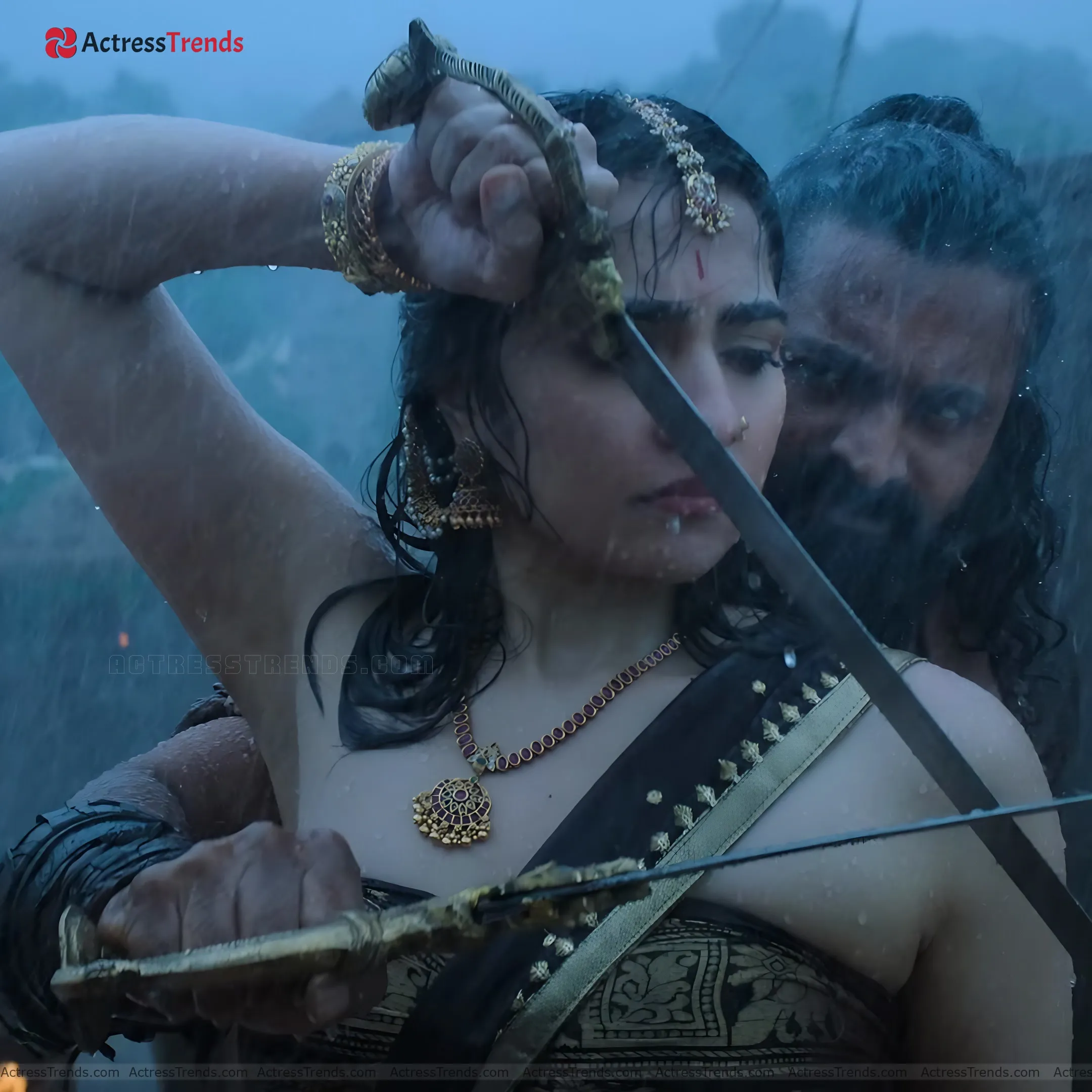 Rukmini Vasanth Green Saree Beautiful Face Wet Kantara Movie Rukmini HD Photos Stills