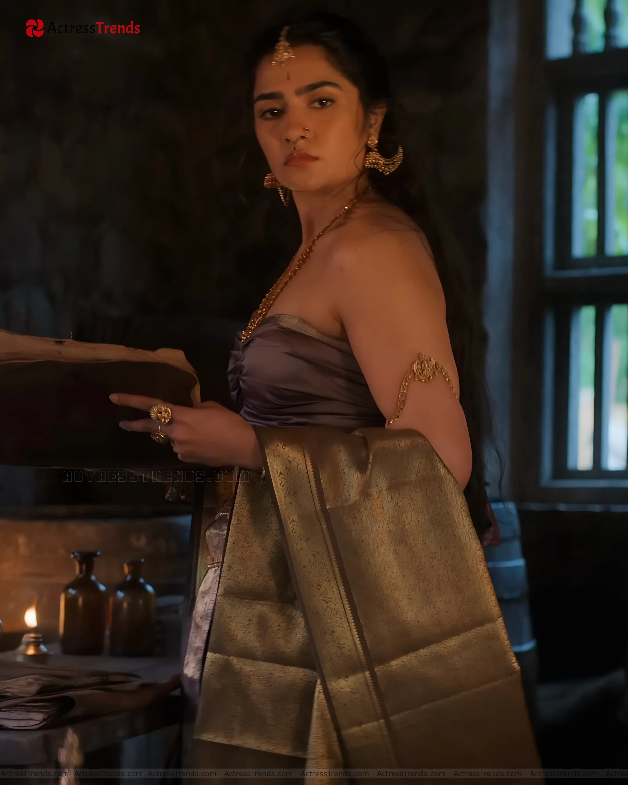 Rukmini Vasanth Green Saree Backless Blouse Style Celebrity Fashion Shoot Curvy