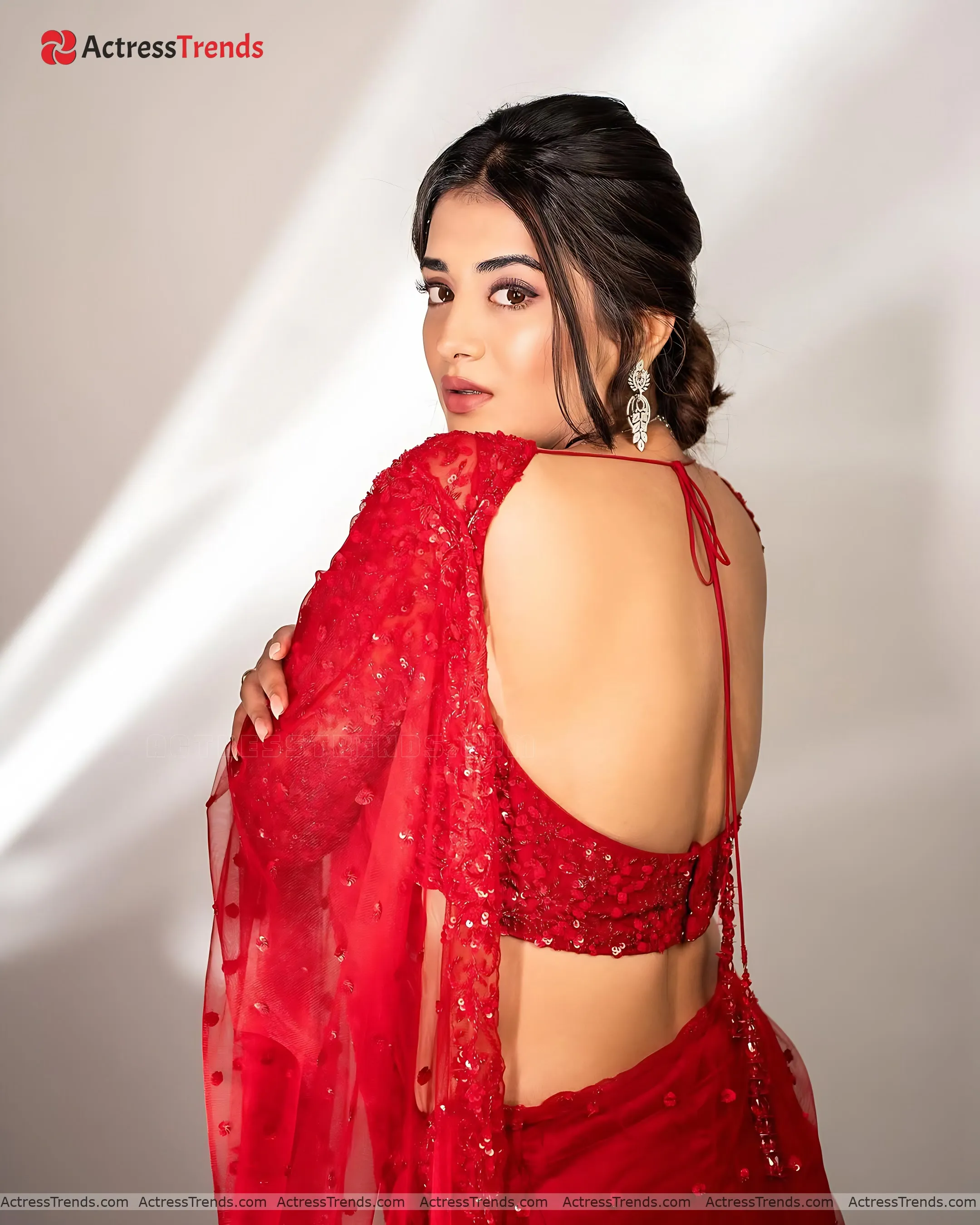 Rashi Singh Red Lips Saree Photoshoot Backless Style Back Pose