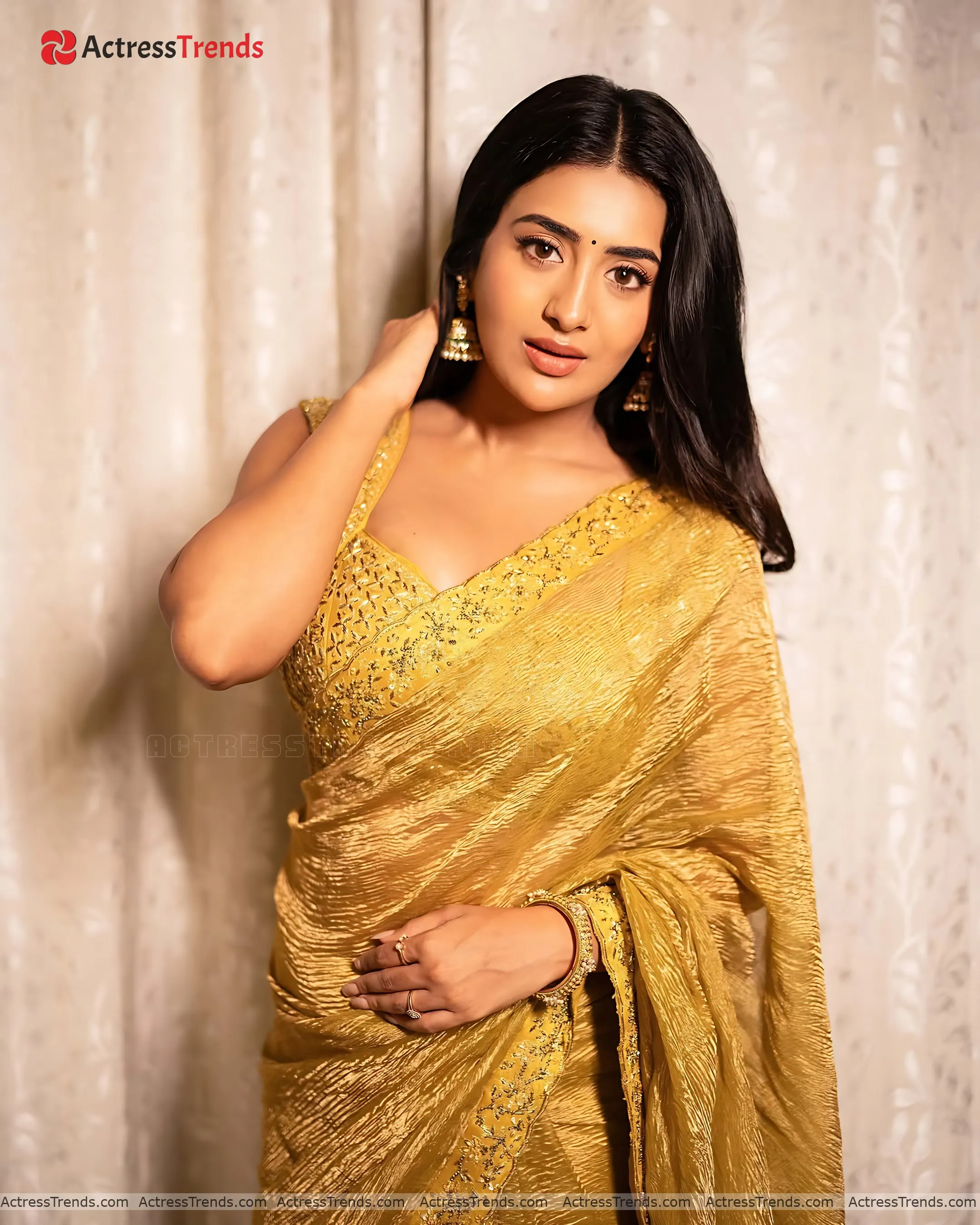 Rashi Singh Gold Saree Cute Cleav Pose Bold Saree Style