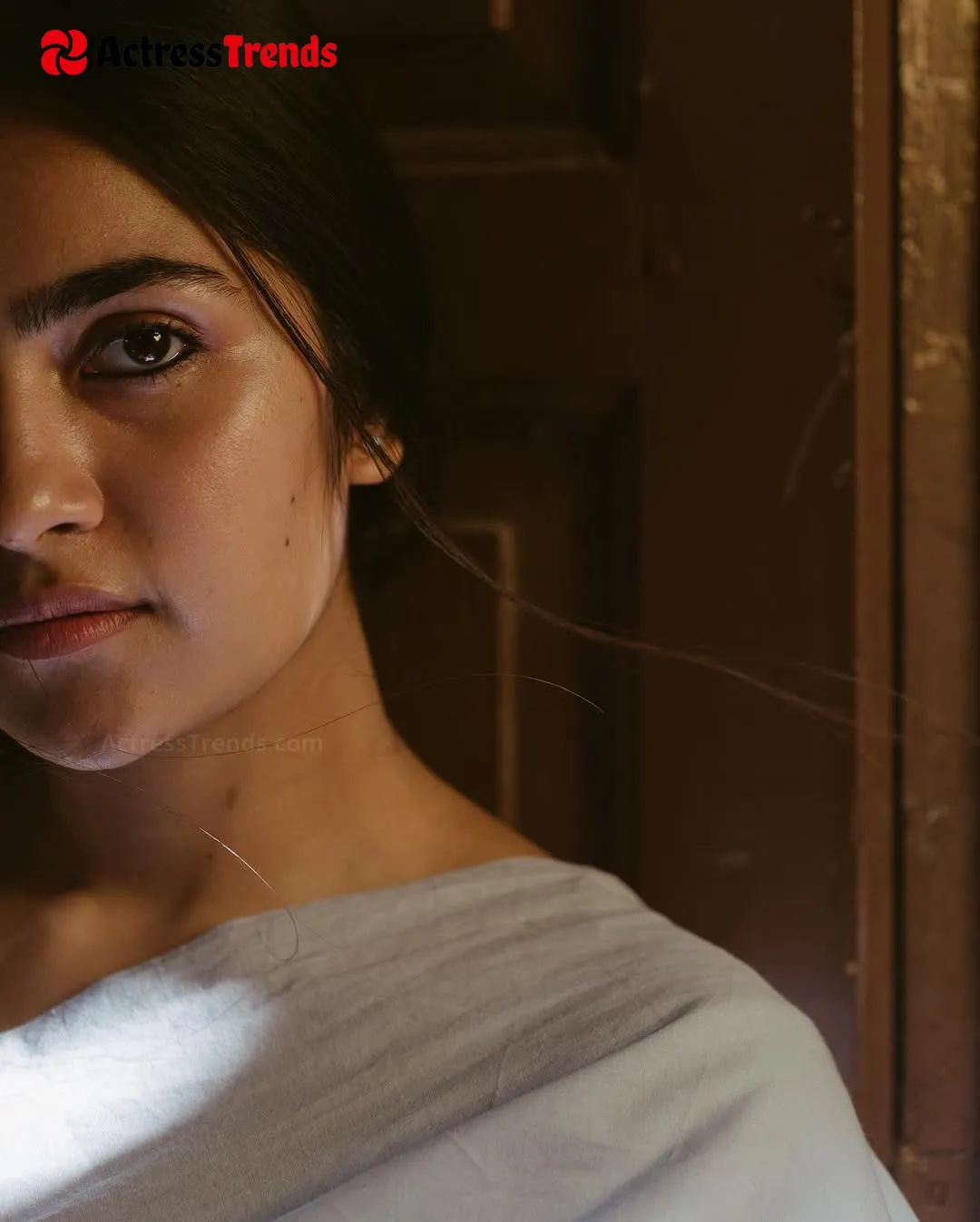 Rukmini Vasanth Grey Saree Smoky Eyes Celebrity Fashion Shoot Glamorous Actress