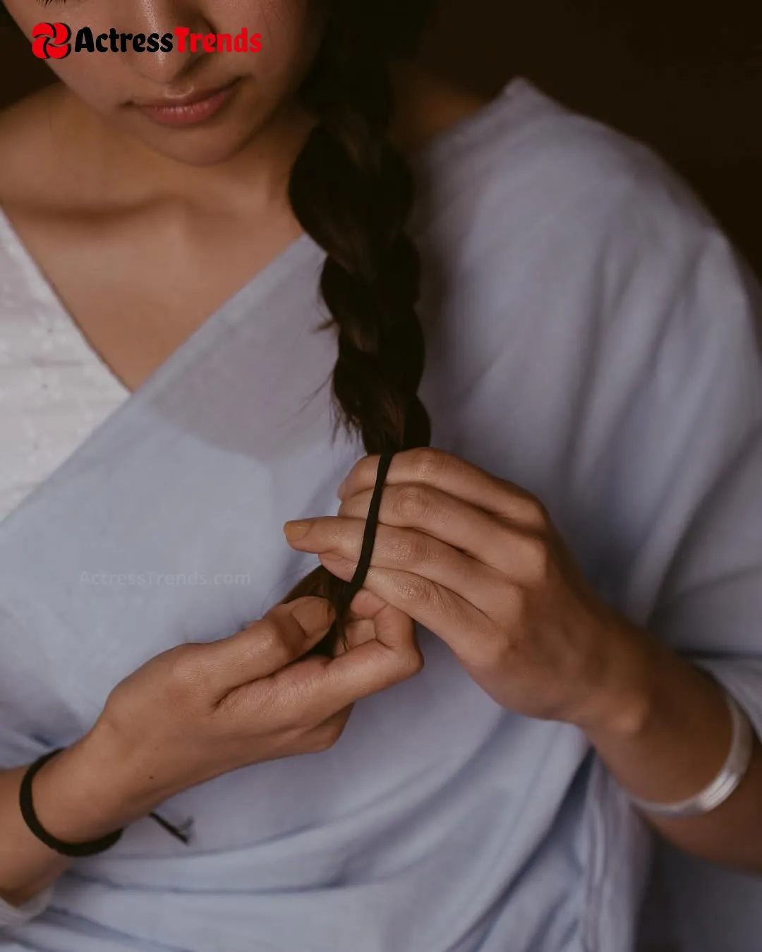 Rukmini Vasanth Grey Saree Smoky Eyes Celebrity Fashion Shoot Saree Photoshoot