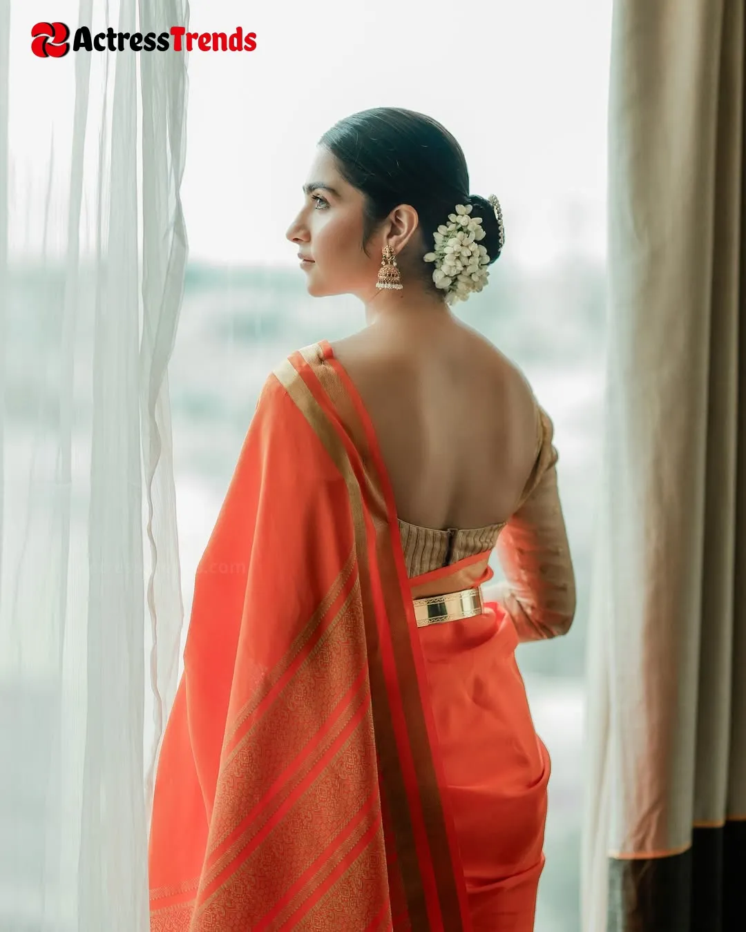 Rukmini Vasanth Grey Saree Saree Photoshoot Orange Saree Backless Style