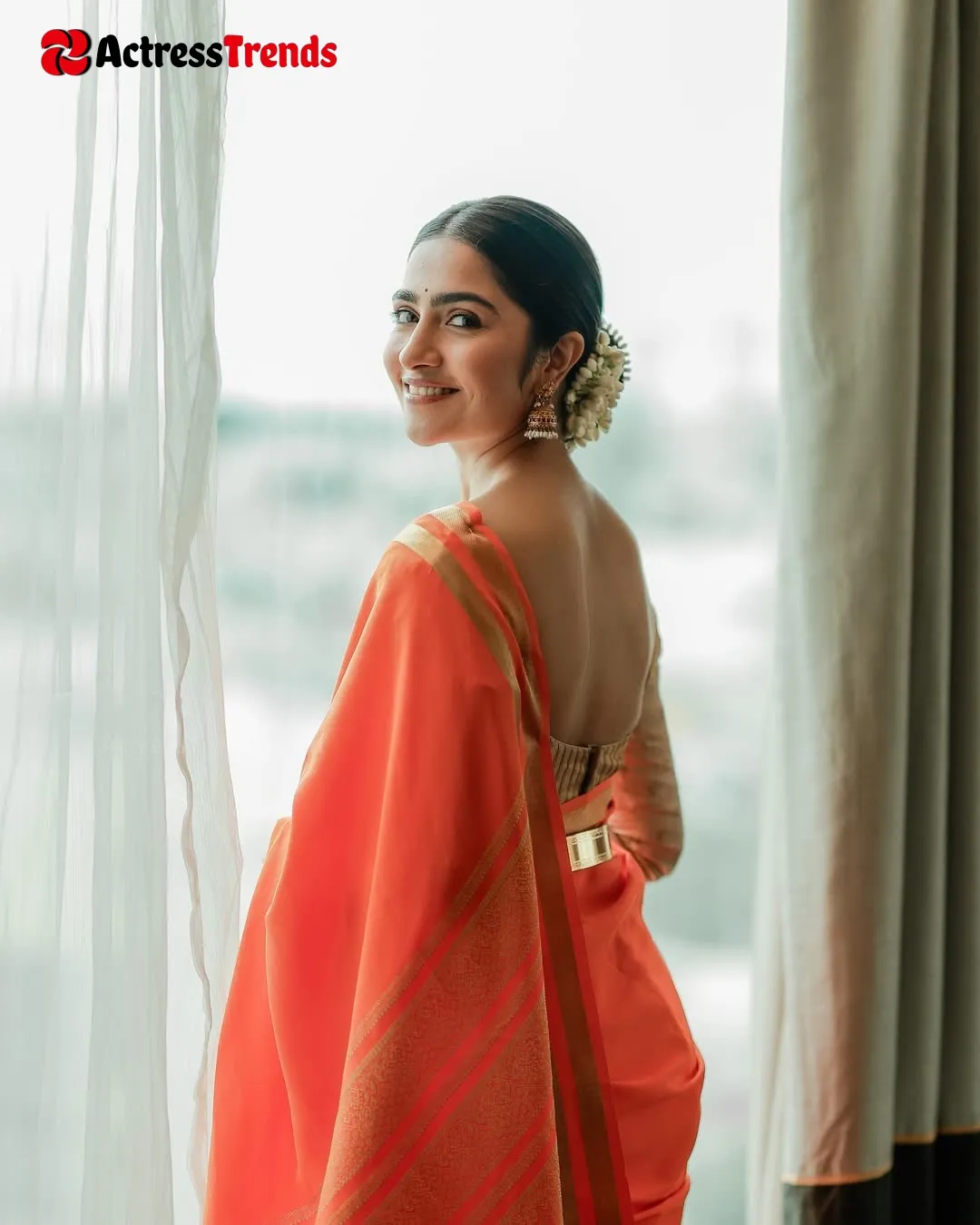 Rukmini Vasanth Grey Saree Orange Saree Cute Backless Blouse Style
