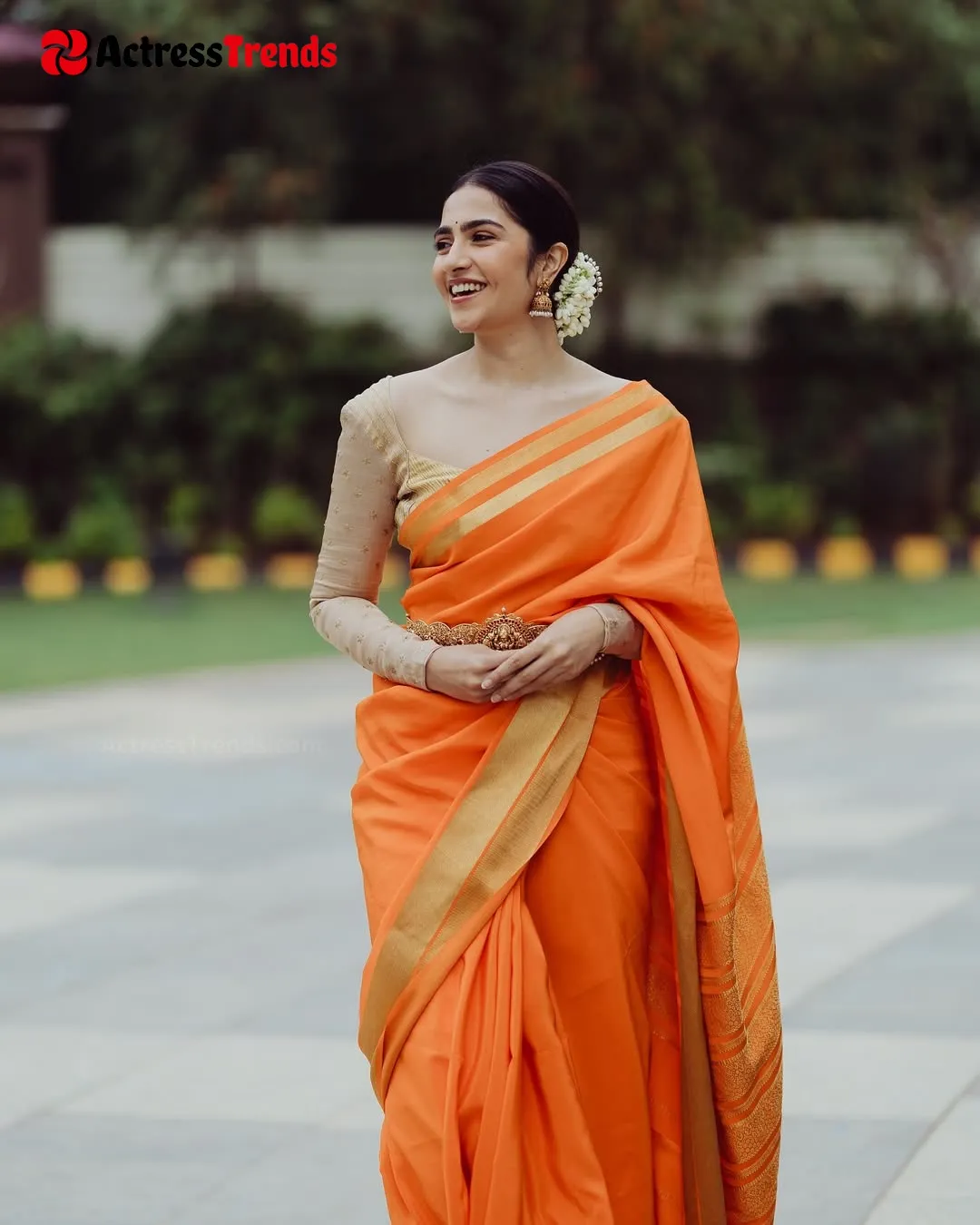 Rukmini Vasanth Grey Saree Glamorous Actress Celebrity Fashion Shoot Orange Saree