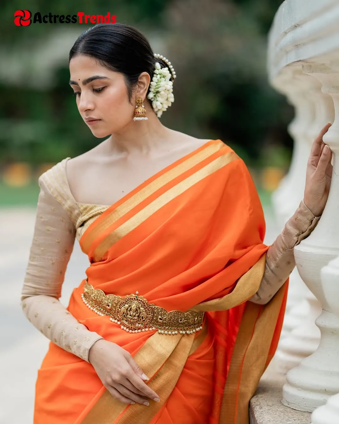 Rukmini Vasanth Grey Saree Orange Saree Beautiful Face