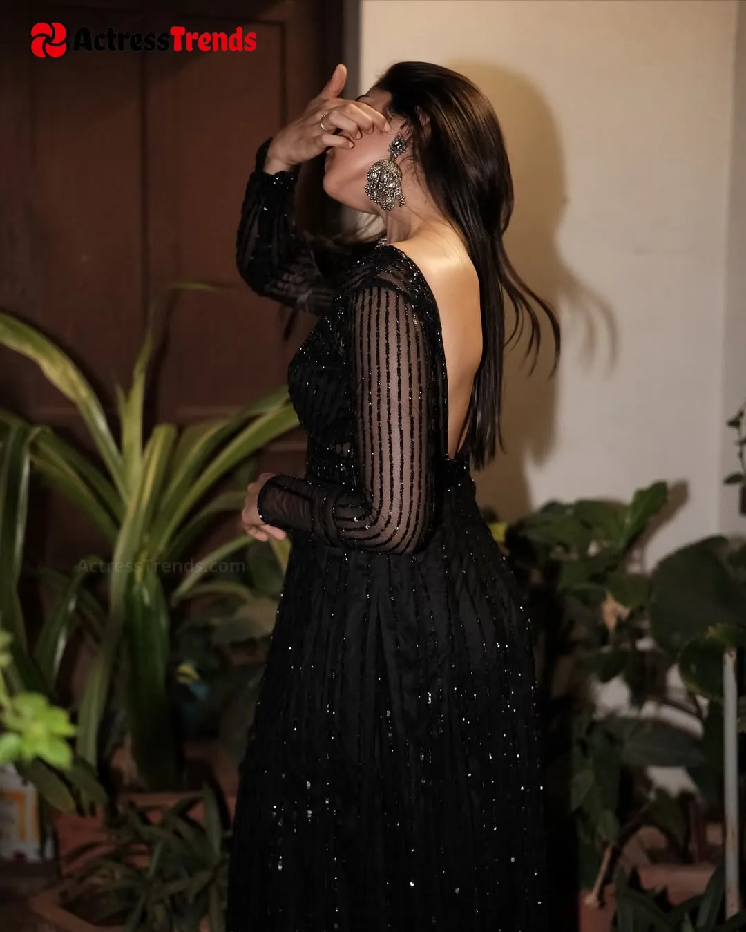 Rukmini Vasanth Black Dress Grey Saree Backless Blouse Style Celebrity Fashion Shoot